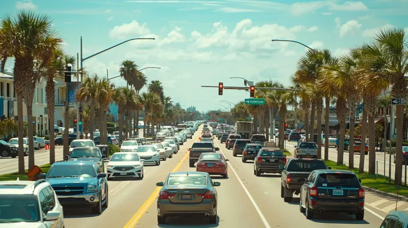 Heavy traffic on a busy street in Daytona, depicting Rue & Ziffra's dedication to handling car accident cases.